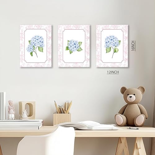 Blue Hydrangea Wall Art Set of 3, Preppy Blue Hydrangea Canvas Prints Poster - Image 5