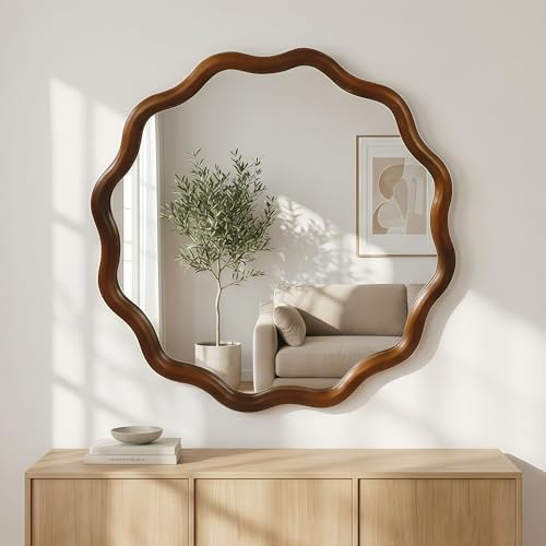 GDFStudio 36 Inch Wavy Round Solid Wood Frame Mirror, Bohemian Decorative Wall by GDFStudio