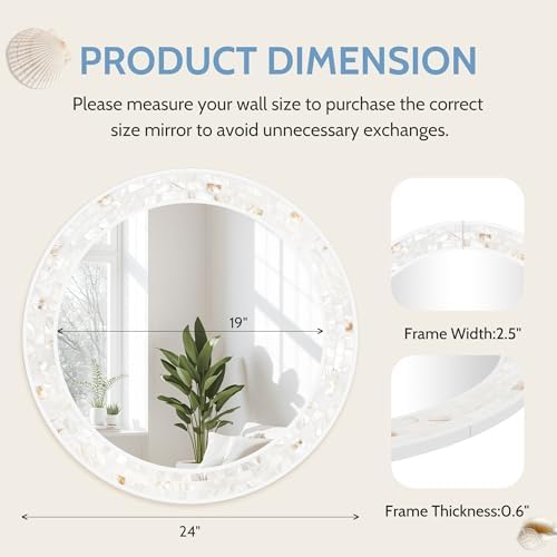 24 Inch Round Bathroom Mirror, Coastal Shell Framed Wall Decor - Image 3