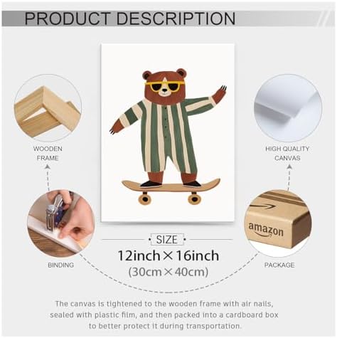 Cool Skateboarding Bear Wall Art Funny Cute Animal Canvas Poster 12x16 inch - Image 2