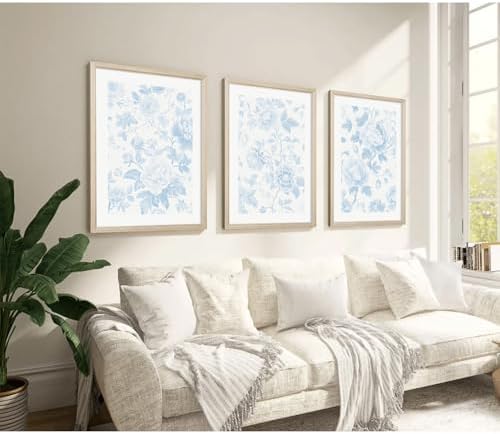 Blue White Wall Art Chinoiserie Flower Canvas Wall Decor Aesthetic Floral Wall - Image 4