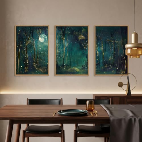 Mystical Dark Green Night Sky Framed Canvas Wall Art Set, Moody Magical - Image 4