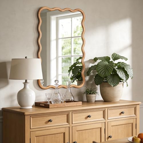 WallBeyond 24"x36" Wavy Wood Mirror, Natural Wood Boho Accent Wall Mirror - Image 2