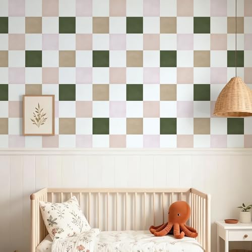 Ismoon Modern Peel and Stick Wallpaper Pink and Green Checkered Contact Paper - Image 5