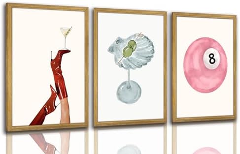 Wood Framed Funky Martini Posters Wall Art Set of 3, Vintage Preppy Aesthetic by Unknown