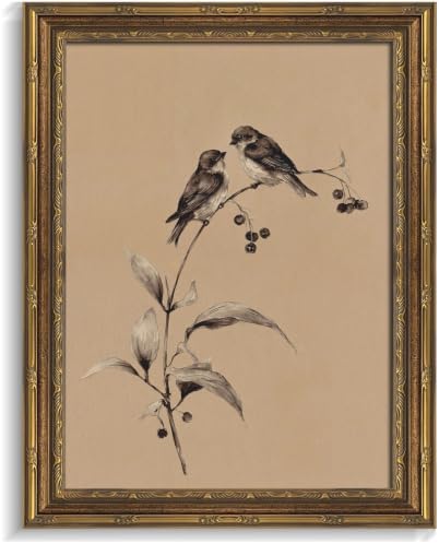 Gold Framed 3D Textured Wall Art, Vintage Sketch Birds on Branch Canvas Prints by Jesicatmin