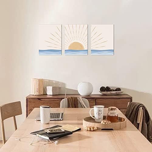 Boho Wall Art Set of 3, Neutral Geometric Sun Rising on the Sea Minimalist Art - Image 7