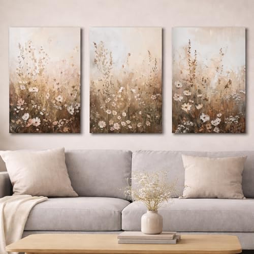 Neutral Wildflower Canvas Wall Art, 3 Piece Gallery Wrapped Set - Image 4
