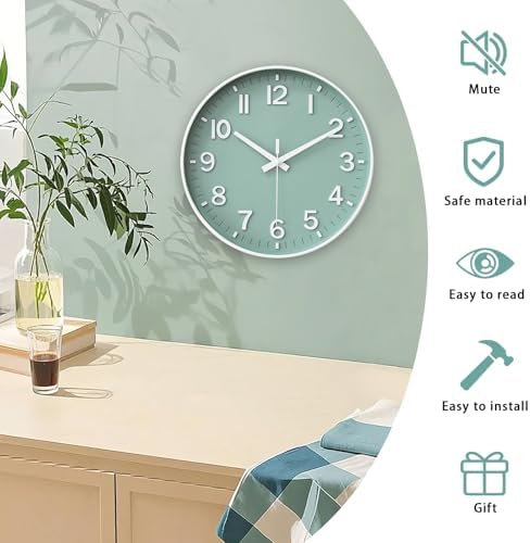 HZDHCLH 14 Inch Wall Clock Battery Operated Silent Non Ticking Green Modern - Image 3