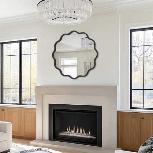 PROHOMEWARE Black Round Mirror 24 Inch Wavy Bathroom Vanity Mirror Black Frame - Image 5