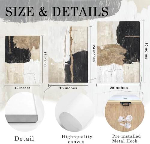 AVECCO Triptych Abstract Black Beige Gold Wrapped Canvas Wall Art 16x24 In - Image 6