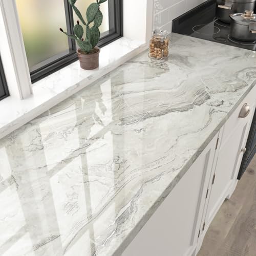 Glossy Silver/Beige Marble Countertop Contact Paper 24''x118'' Shiny Peel and by WallpaperDecoration