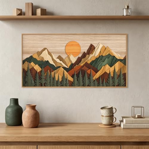 Boho Woodcut Style Mountain Framed Canvas Wall Art Set-40"x20"x1 - Image 2