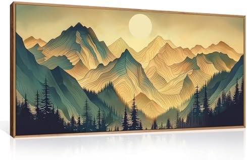 Boho Green Mountain Landscape Framed Canvas Wall Art Set, Abstract Sun Forest - Image 5