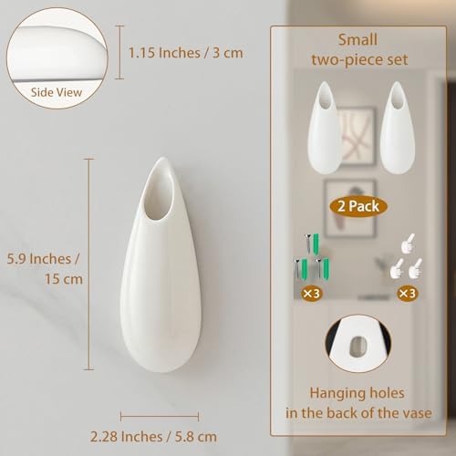 White Ceramic Wall Vases, 5.9 Inch, Teardrop Design - Image 2