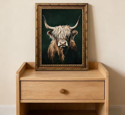 Vintage Gold Framed Canvas Wall Art, Retro Farmhouse Dark Highland Cow Painting - Image 4