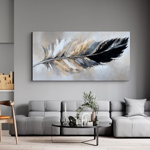 YISXINOAG Black Gold Abstract Wall Art Minimalist Feather Canvas 24"X48" - Image 3