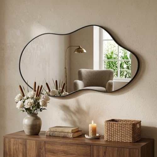 Black Asymmetrical Wall Mirrors Irregular 20×36 Inch Abstract Mirror by POTIJO