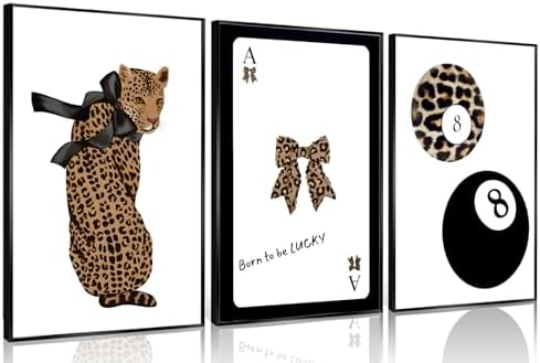 Set of 3 Trendy 8 Ball Leopard Wall Art Ace Card Bow Wall Decor Pictures Funky by QQGDecor