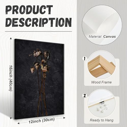 LYPHNX Framed Dark Moody Wildflowers Canvas Wall Art Black Vintage Dried Floral - Image 6