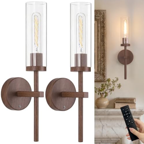 Shenmoyl Battery Operated Wall Sconces Set of 2, Walnut Color Rechargeable Wall by Shenmoyl