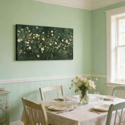 Dark Green White Wildflower Canvas Wall Art Large Moody Plant Flowers Decor - Image 5