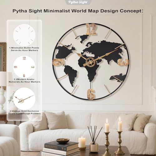 Pytha Sight 24 Inch Large World Map Vintage Gold Arabic Numerals Wall Clock - Image 3