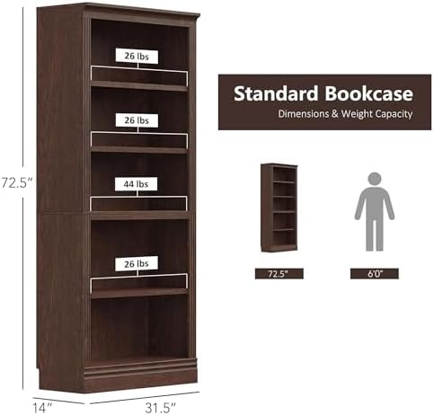 JAHRSTIM Halston Standard 5-Tier Tall Bookshelf Shelving Unit, Dark Cherry - Image 3