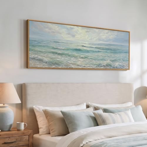Framed Long Narrow Blue Coastal Landscape Horizontal Wall Art, 60x20 Inch - Image 2