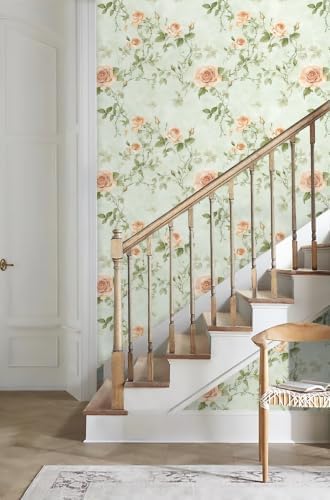 Floral Peel and Stick Wallpaper Green and Orange Flower Wall Paper Vintage - Image 6