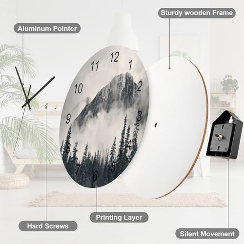 Scenic Nature Wall Clock Silent Non Ticking Battery Operated, Mountain Misty - Image 7