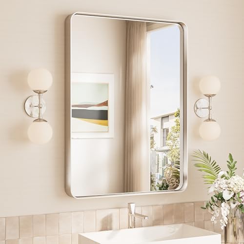 TokeShimi 24x32 Brushed Nickel Bathroom Wall Mirror Vanity Metal Frame Round by TokeShimi