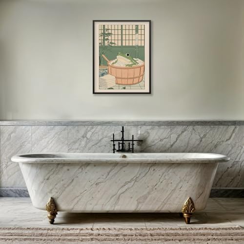 Japanese Frog in a Bathtub Wall Art Sage Green Relaxing Bathroom Posters 24X36 - Image 6
