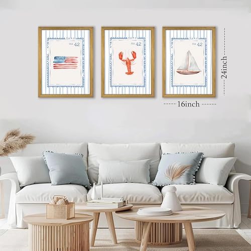Wood Framed Blue Beach Stamp Set of 3 Canvas Poster Coastal Granddaughter Room - Image 5