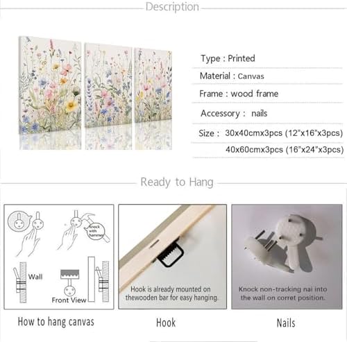 Bwodke Colorful Wildflower Canvas Wall Art Set of 3, 16x24 inch - Image 3