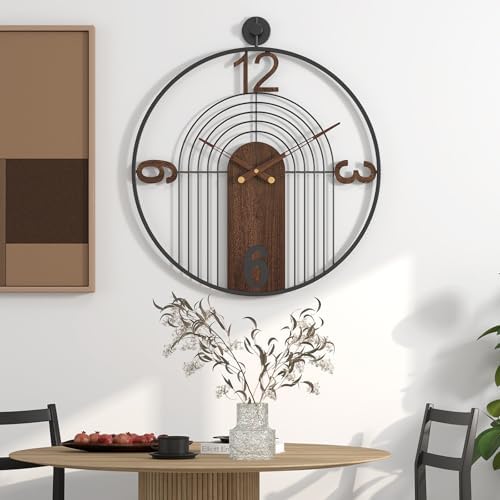 Modern Large Walnut Dial Wall Clock, Wood Metal Frame Silent Non Ticking Wall by VIVIFLYSE