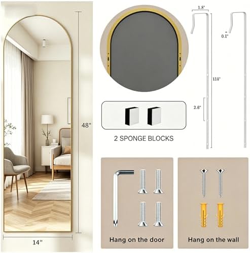14" x 48" Arched Full Length Mirror Gold Frame Over Door & Wall Mounted - Image 5