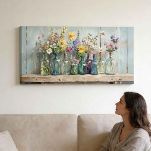 Vintage Glass Bottle Wildflower Canvas Wall Art Large Farmhouse Rustic Floral - Image 4