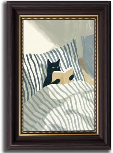 Dark Brown Framed-Black Cat Reading Wall Art, Funny Animal Canvas Prints by LYNARTFNWallArt