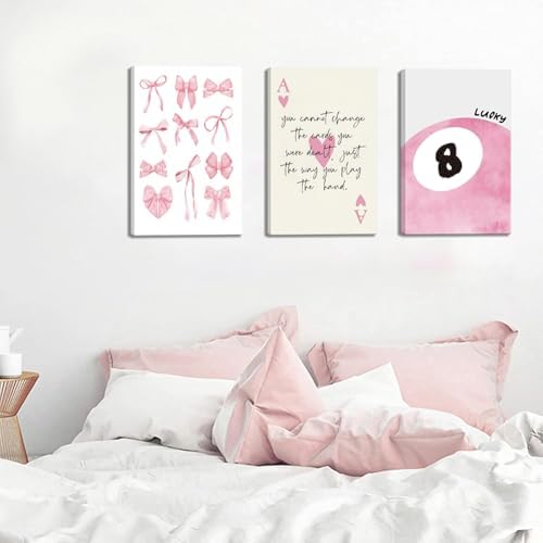 Trendy Pink Bows Canvas Wall Art Set of 3, Vintage Preppy Lucky 8 Ball Wall - Image 2