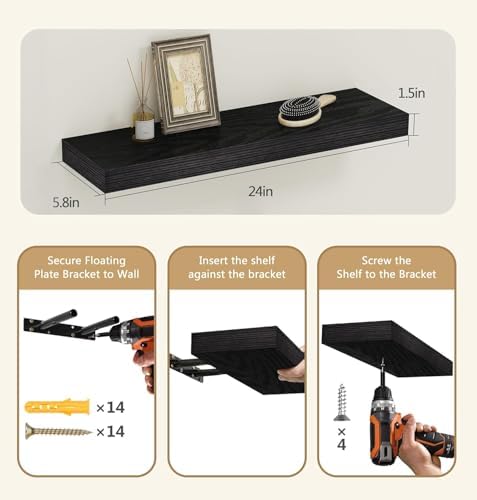 Vervida® Black Floating Wall Shelves 24in Set of 6 Holds 37 Lbs Hidden - Image 3