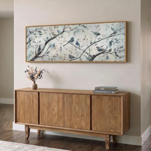 Framed Long Narrow Blue Bird Nature Landscape Horizontal Wall Art, 60x20 In - Image 2