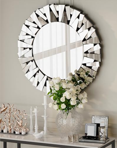 Decorative Mirror Round Silver: 31.5in Wall Vanity-Mirror Beveled by Artloge