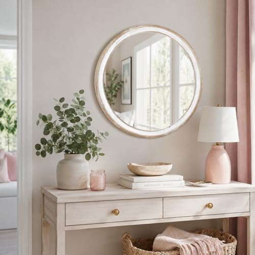 24 Inch Whitewashed Round Wood Mirror, Rustic Farmhouse Wall Mirrors - Image 5