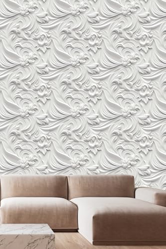 Peel and Stick Wallpaper White Gray Scroll Floral Accent - Image 5