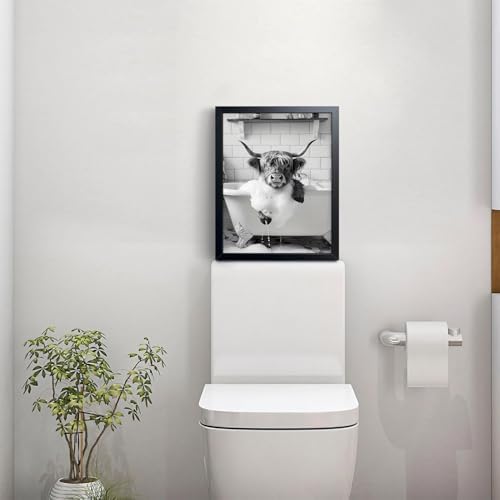Highland Cow Bathroom Wall Art, Cute Black and White Animal Wall Decor Painting - Image 4