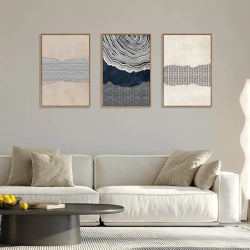 LHIUEM Large Abstract Navy Blue Beige Framed Canvas Wall Art, Modern Tree Rings - Image 2