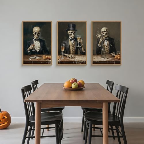 FWIEXA Halloween Skeleton Canvas Wall Art Set of 3, Gothic Skull Framed - Image 5
