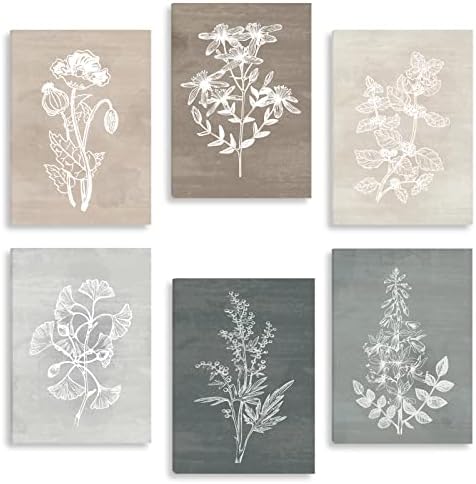 BINCUE Neutral Botanical Plant Canvas 6 Pieces Rustic Farmhouse Wall Art by BINCUE