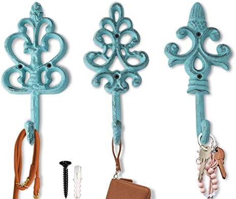 Comfify Blue Cast Iron Wall Hooks Set of 3 – Farmhouse Entryway Coat Hooks by Comfify